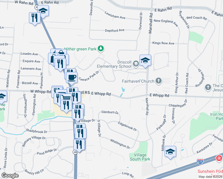 map of restaurants, bars, coffee shops, grocery stores, and more near 5845 Overhill Lane in Dayton