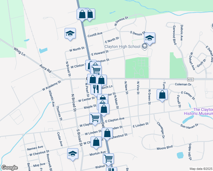 map of restaurants, bars, coffee shops, grocery stores, and more near 51 Church Lane in Clayton