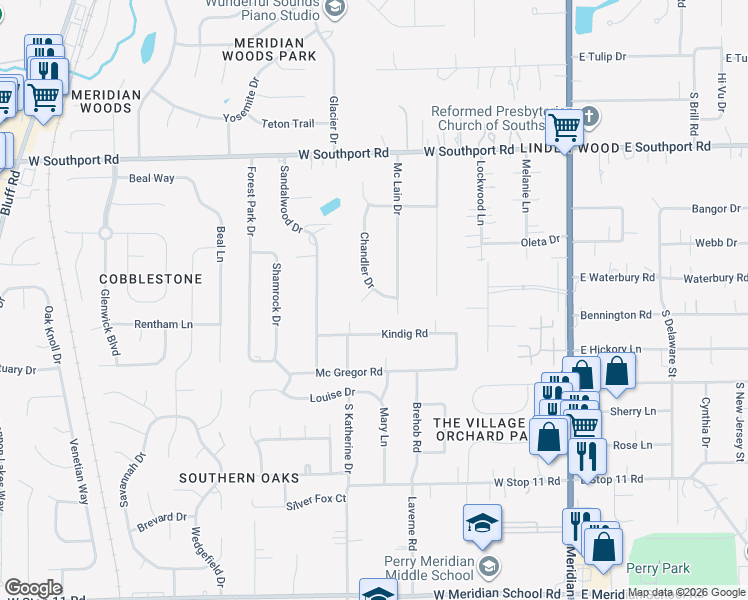 map of restaurants, bars, coffee shops, grocery stores, and more near 7142 Chandler Drive in Indianapolis