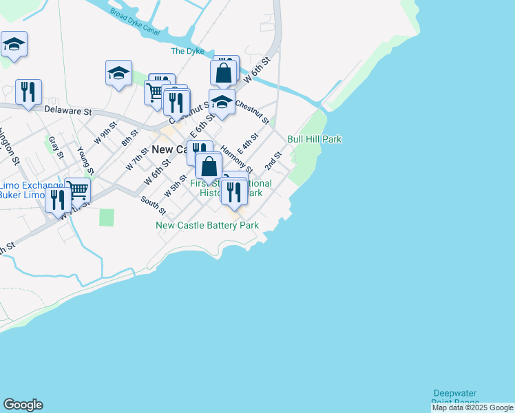 map of restaurants, bars, coffee shops, grocery stores, and more near 28 The Strand in New Castle