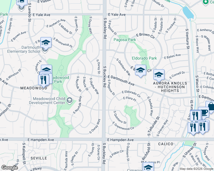 map of restaurants, bars, coffee shops, grocery stores, and more near 3110 South Pagosa Street in Aurora