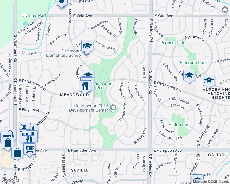 map of restaurants, bars, coffee shops, grocery stores, and more near 3110 South Mobile Way in Aurora