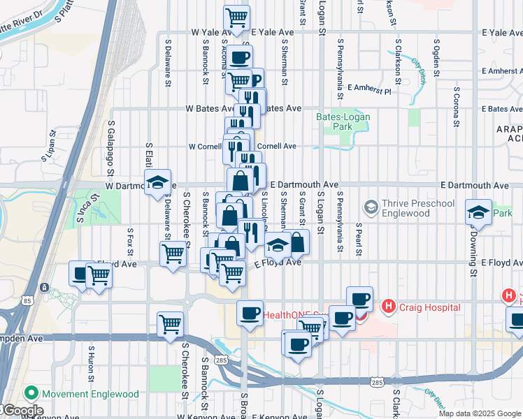 map of restaurants, bars, coffee shops, grocery stores, and more near 3111 South Lincoln Street in Englewood