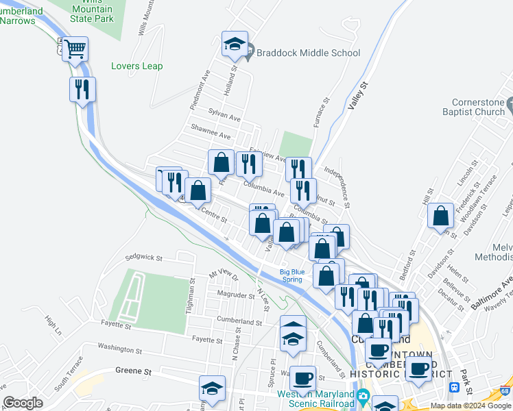 map of restaurants, bars, coffee shops, grocery stores, and more near 618 Columbia Avenue in Cumberland