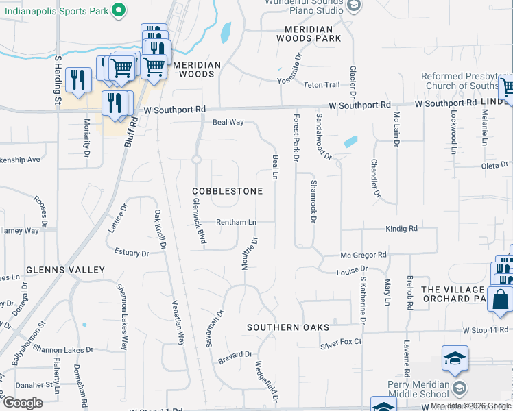 map of restaurants, bars, coffee shops, grocery stores, and more near 7250 Moultrie Drive in Indianapolis
