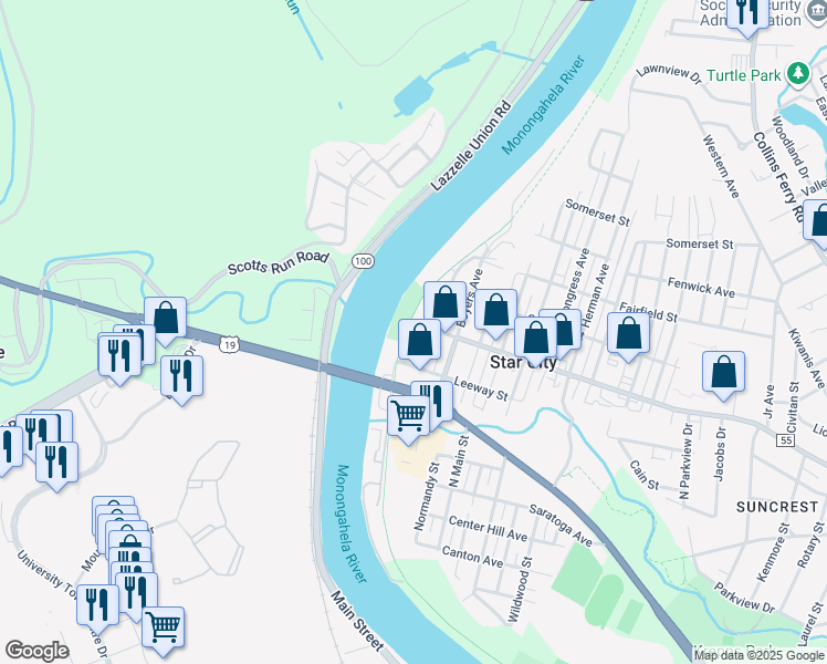 map of restaurants, bars, coffee shops, grocery stores, and more near in Morgantown