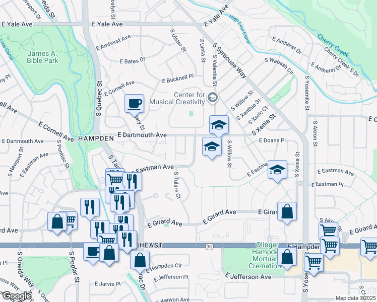 map of restaurants, bars, coffee shops, grocery stores, and more near 8080 East Dartmouth Avenue in Denver