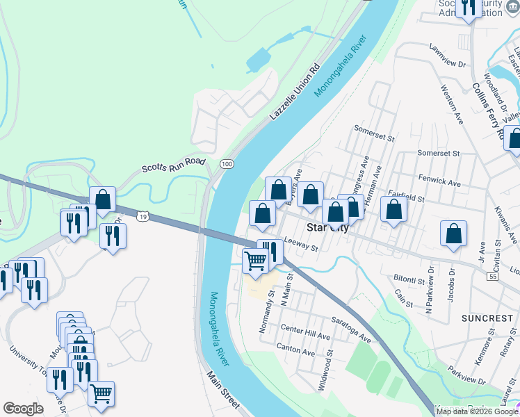 map of restaurants, bars, coffee shops, grocery stores, and more near in Morgantown