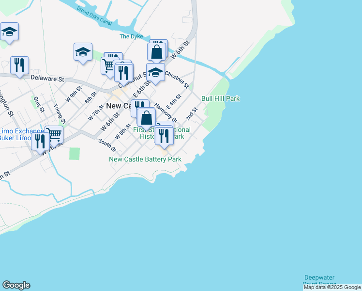 map of restaurants, bars, coffee shops, grocery stores, and more near 30 The Strand in New Castle