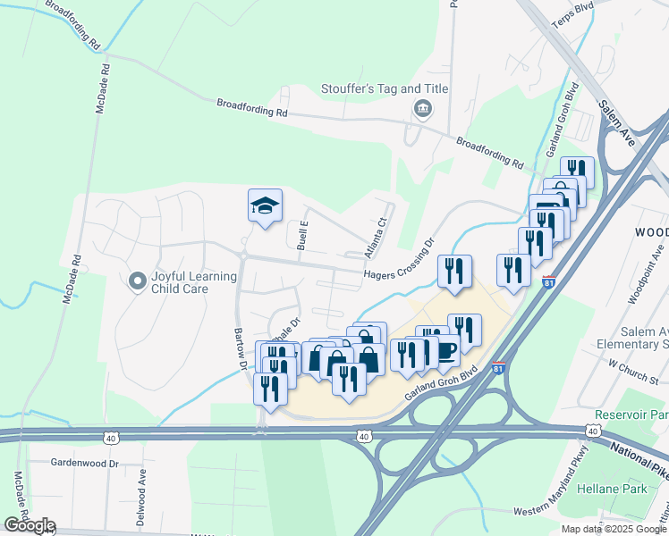 map of restaurants, bars, coffee shops, grocery stores, and more near Hagers Crossing Drive in Hagerstown