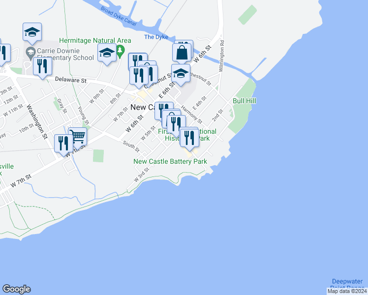 map of restaurants, bars, coffee shops, grocery stores, and more near 206 Delaware Street in New Castle