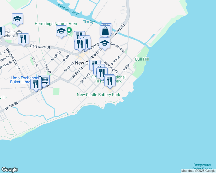 map of restaurants, bars, coffee shops, grocery stores, and more near 202 Delaware Street in New Castle