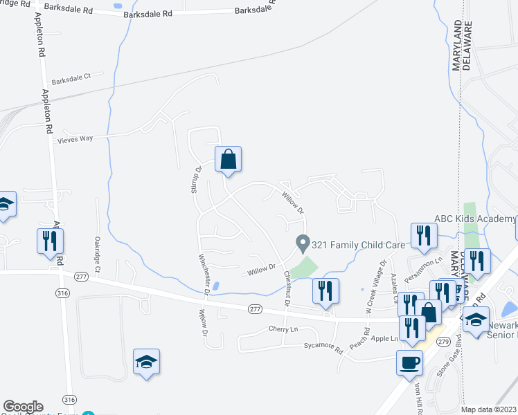 map of restaurants, bars, coffee shops, grocery stores, and more near 6 Maple Court in Elkton
