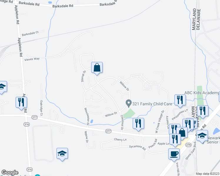 map of restaurants, bars, coffee shops, grocery stores, and more near 14 Maple Court in Elkton