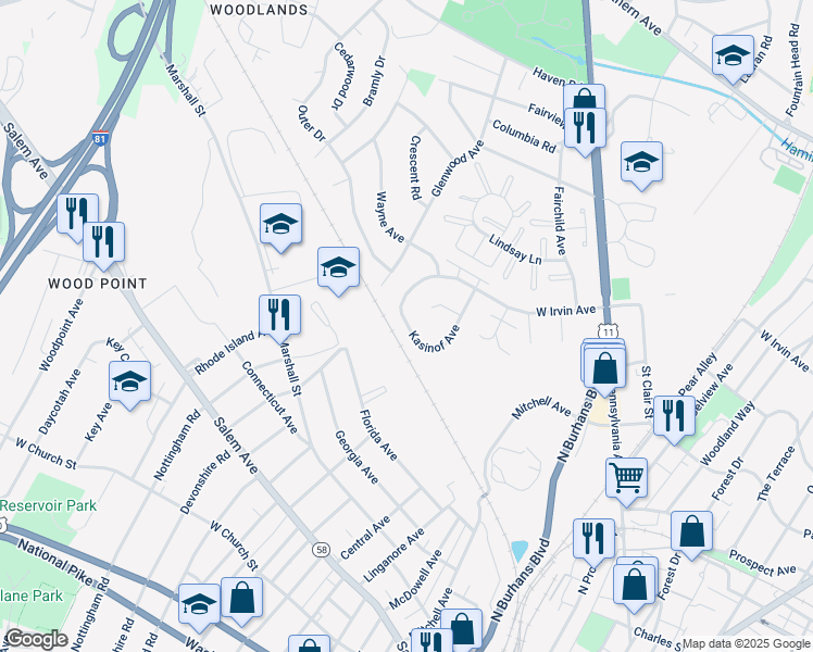 map of restaurants, bars, coffee shops, grocery stores, and more near 924 Kasinof Avenue in Hagerstown