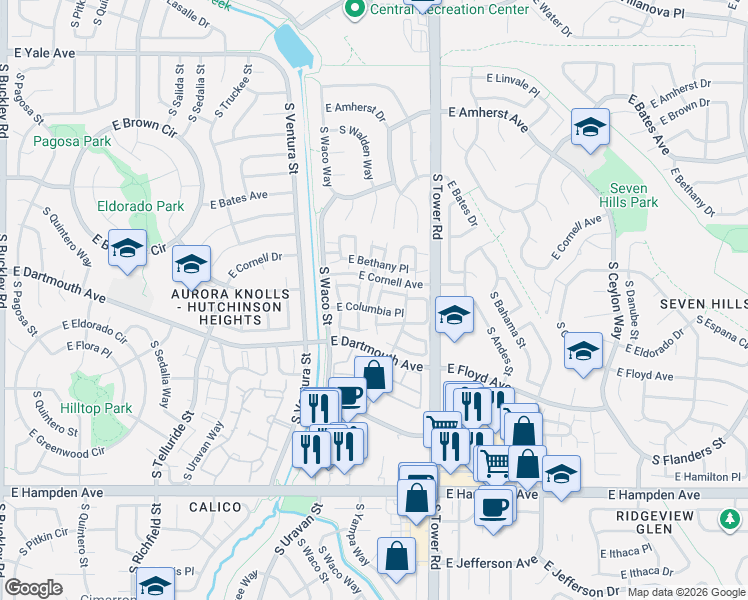 map of restaurants, bars, coffee shops, grocery stores, and more near 3003 South Yampa Way in Aurora
