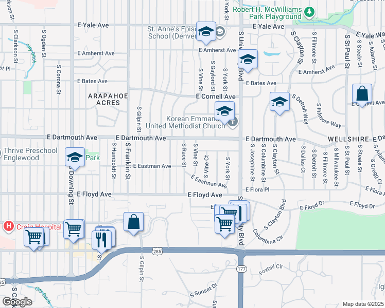 map of restaurants, bars, coffee shops, grocery stores, and more near 3110 South Race Street in Englewood