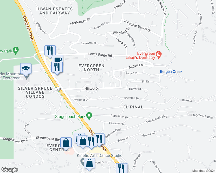 map of restaurants, bars, coffee shops, grocery stores, and more near 30453 Hilltop Drive in Evergreen