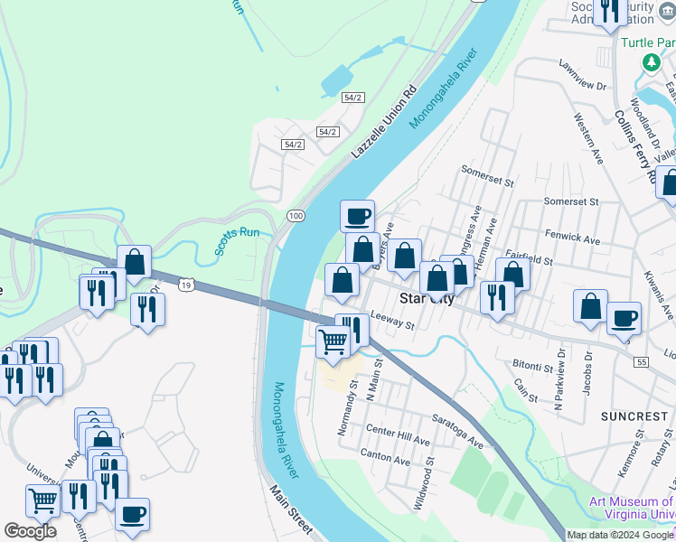 map of restaurants, bars, coffee shops, grocery stores, and more near 396 Frontier Street in Star City