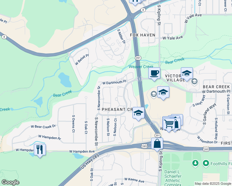 map of restaurants, bars, coffee shops, grocery stores, and more near 10741 West Dartmouth Avenue in Lakewood