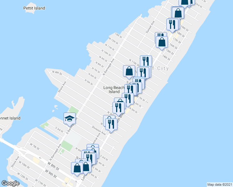 map of restaurants, bars, coffee shops, grocery stores, and more near 222 North 6th Street in Beach Haven
