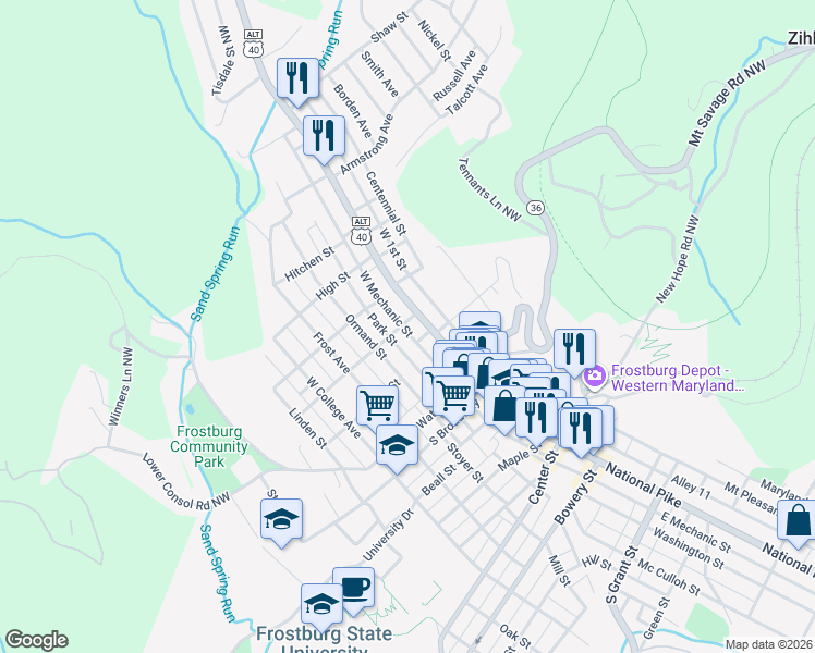 map of restaurants, bars, coffee shops, grocery stores, and more near 86 West Main Street in Frostburg