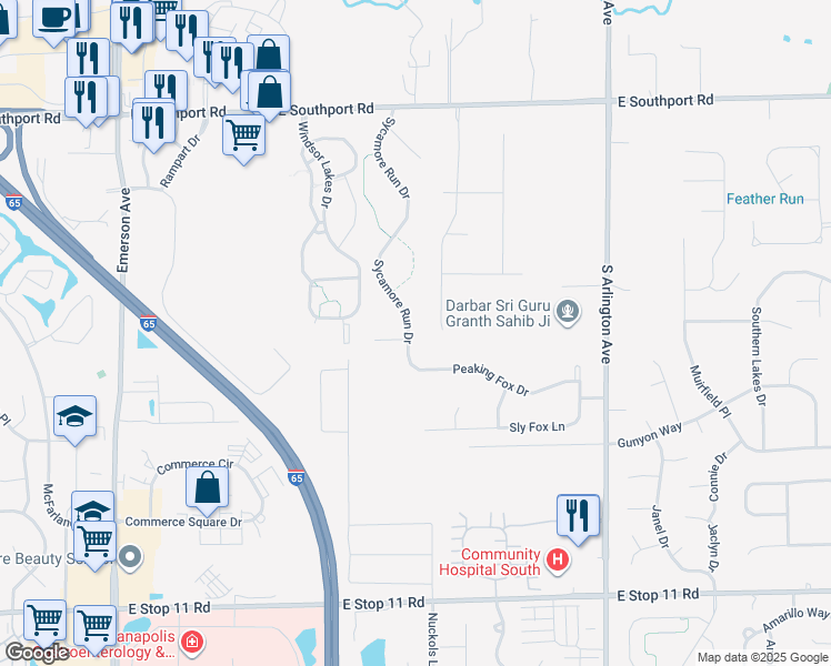 map of restaurants, bars, coffee shops, grocery stores, and more near 7412 Sycamore Run Drive in Indianapolis