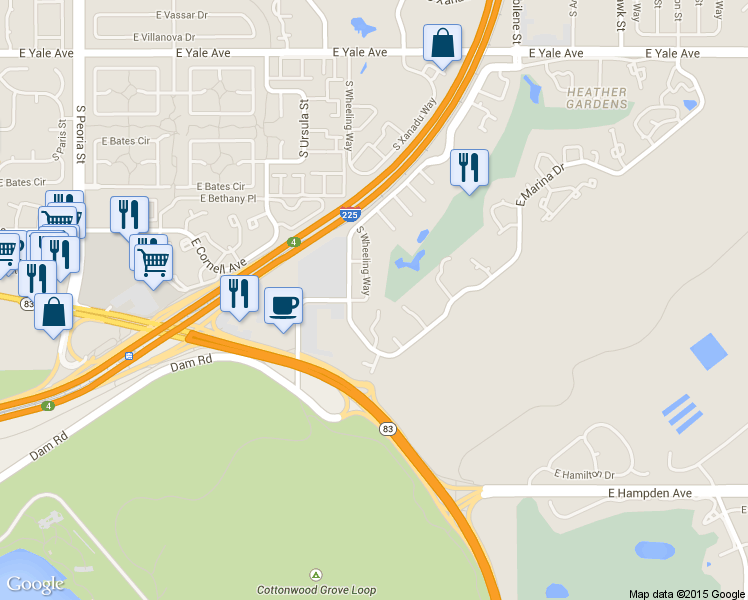 map of restaurants, bars, coffee shops, grocery stores, and more near 3144 South Wheeling Way in Aurora