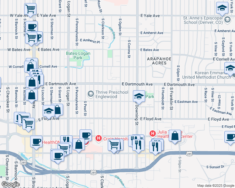 map of restaurants, bars, coffee shops, grocery stores, and more near 3111 South Ogden Street in Englewood