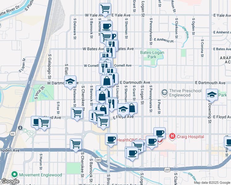 map of restaurants, bars, coffee shops, grocery stores, and more near 3111 South Lincoln Street in Englewood
