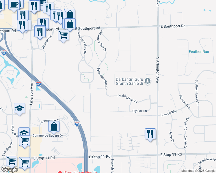 map of restaurants, bars, coffee shops, grocery stores, and more near 7412 Sycamore Run Drive in Indianapolis