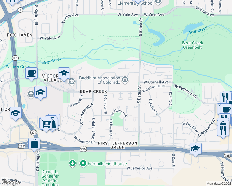 map of restaurants, bars, coffee shops, grocery stores, and more near 9016 West Dartmouth Place in Lakewood
