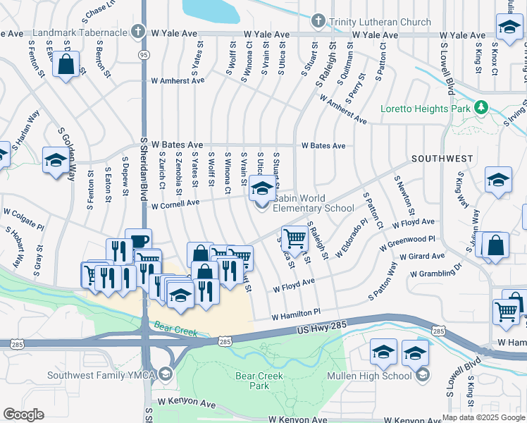 map of restaurants, bars, coffee shops, grocery stores, and more near 3050 South Vrain Street in Denver