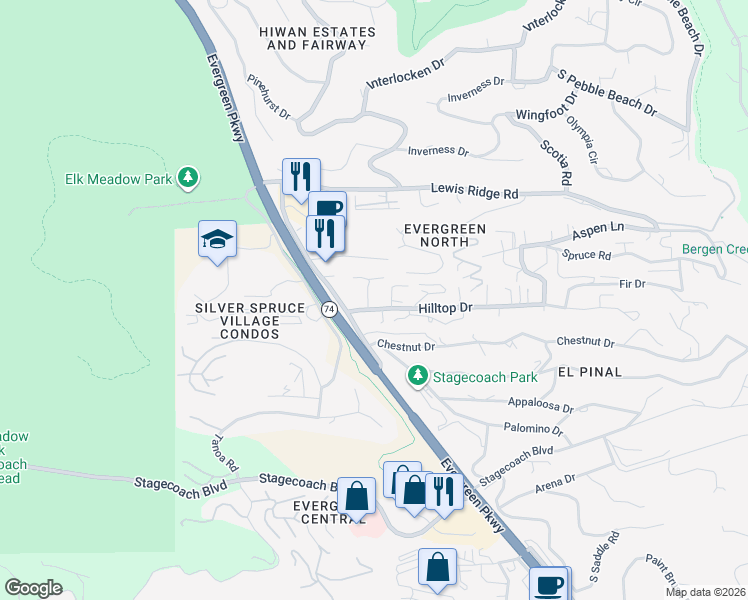 map of restaurants, bars, coffee shops, grocery stores, and more near 3037 Bergen Point Trail in Evergreen