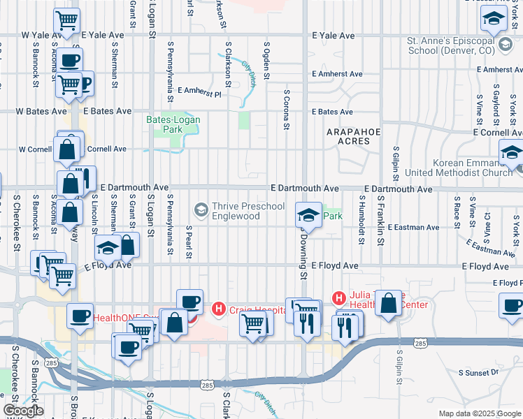 map of restaurants, bars, coffee shops, grocery stores, and more near 3111 South Ogden Street in Englewood