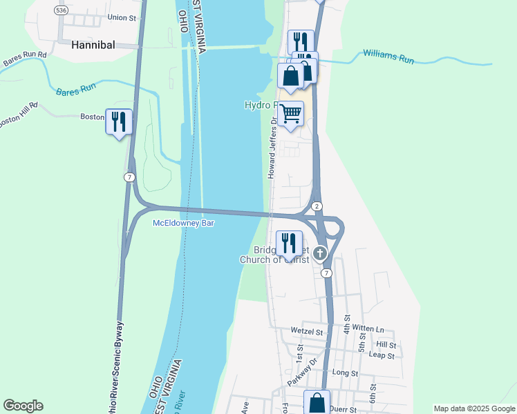 map of restaurants, bars, coffee shops, grocery stores, and more near in New Martinsville