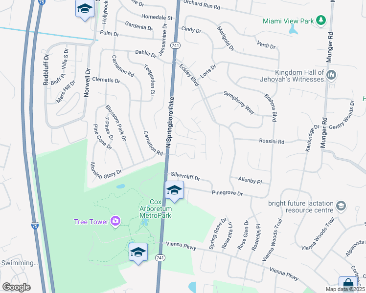 map of restaurants, bars, coffee shops, grocery stores, and more near 2939 Spring Falls Drive in Dayton