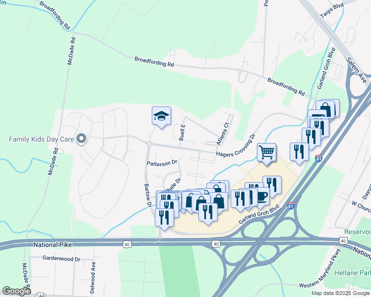 map of restaurants, bars, coffee shops, grocery stores, and more near Hagers Crossing Drive in Hagerstown