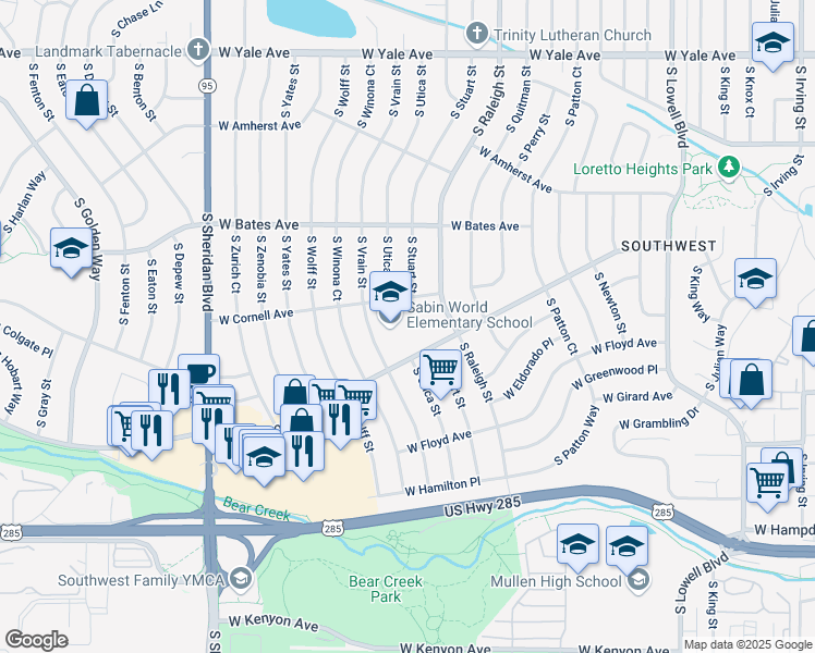 map of restaurants, bars, coffee shops, grocery stores, and more near 3050 South Vrain Street in Denver