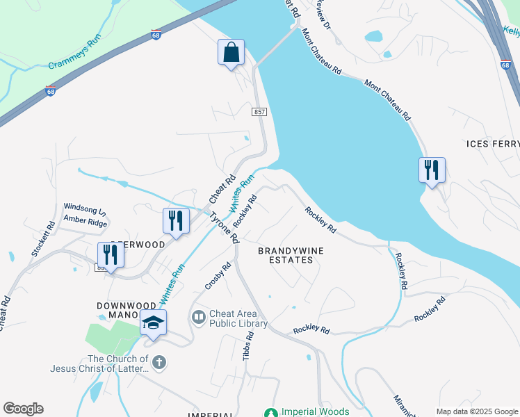 map of restaurants, bars, coffee shops, grocery stores, and more near 60 Rockley Road in Morgantown