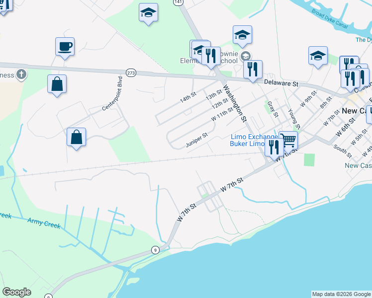 map of restaurants, bars, coffee shops, grocery stores, and more near 36 Juniper Street in New Castle