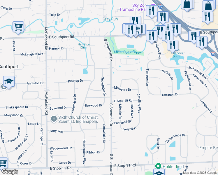 map of restaurants, bars, coffee shops, grocery stores, and more near 7416 South Sherman Drive in Indianapolis