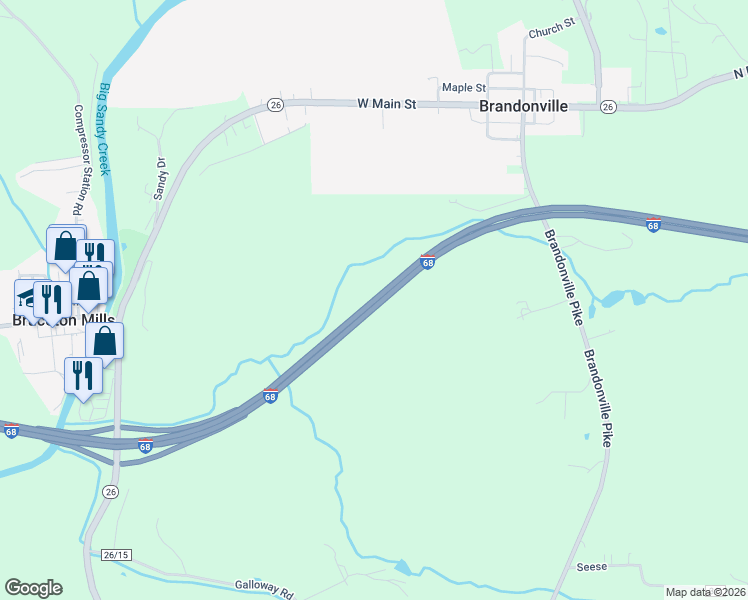 map of restaurants, bars, coffee shops, grocery stores, and more near Interstate 68 in Bruceton Mills
