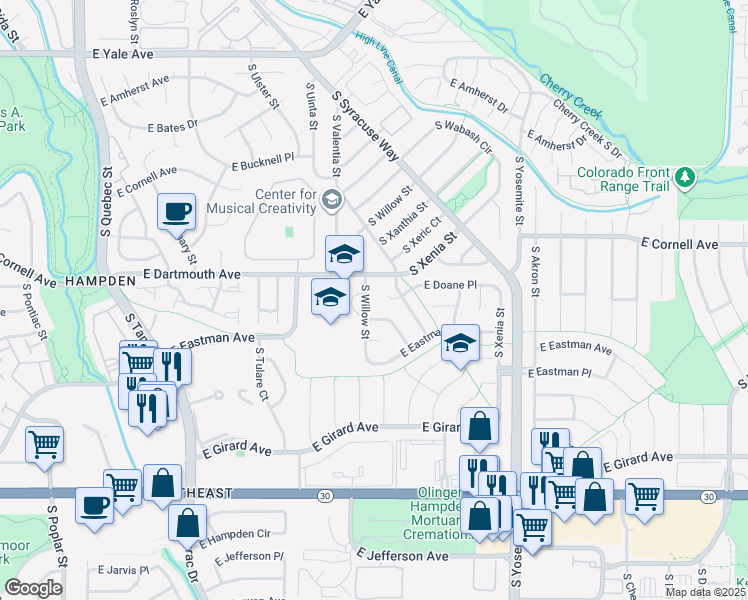 map of restaurants, bars, coffee shops, grocery stores, and more near 8634 East Dartmouth Avenue in Denver