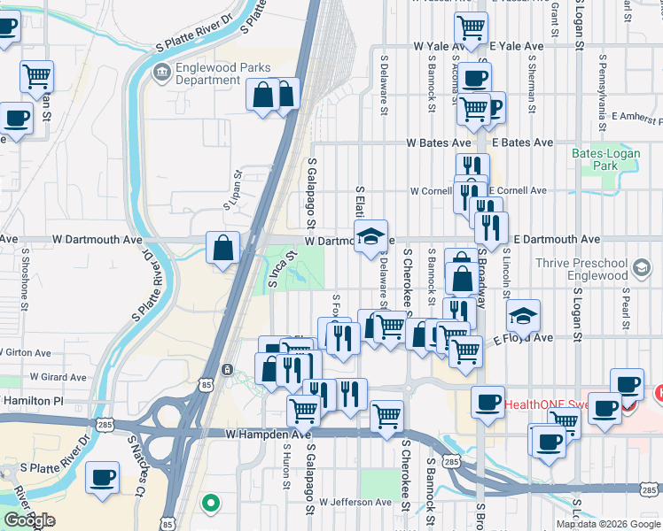 map of restaurants, bars, coffee shops, grocery stores, and more near 3119 South Fox Street in Englewood