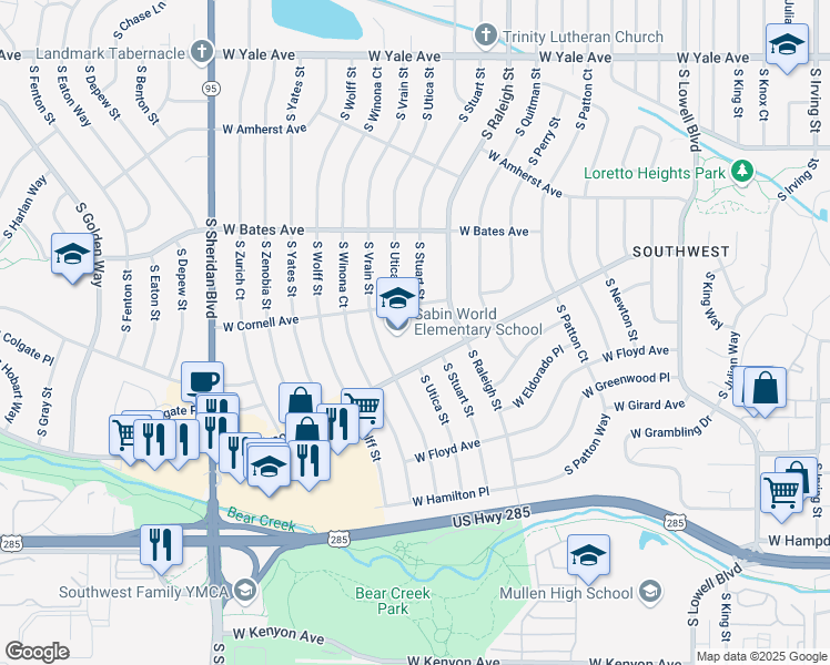 map of restaurants, bars, coffee shops, grocery stores, and more near 2996 South Stuart Street in Denver