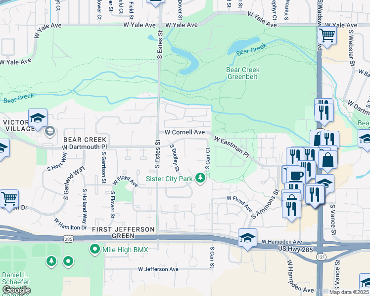 map of restaurants, bars, coffee shops, grocery stores, and more near 8598 West Dartmouth Place in Lakewood