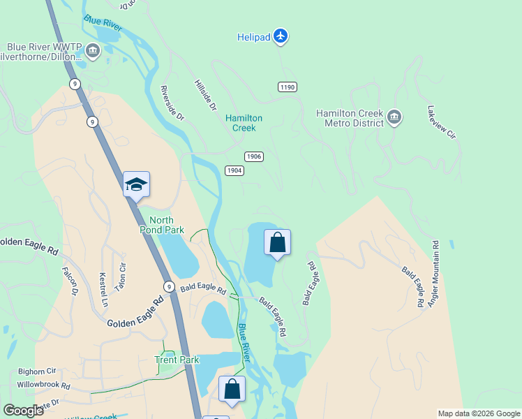 map of restaurants, bars, coffee shops, grocery stores, and more near 28 Damselfly Loop in Silverthorne