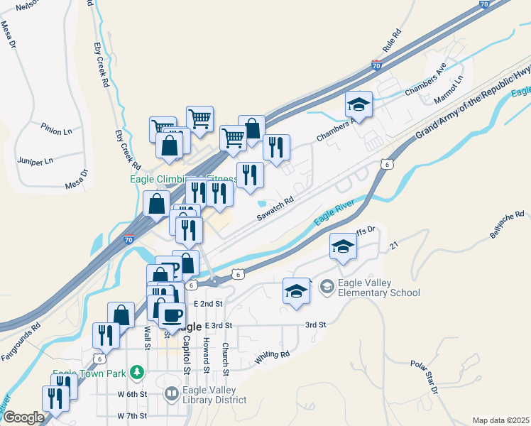 map of restaurants, bars, coffee shops, grocery stores, and more near 700 Chambers Avenue in Eagle