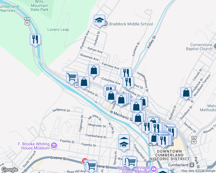 map of restaurants, bars, coffee shops, grocery stores, and more near 618 Columbia Avenue in Cumberland